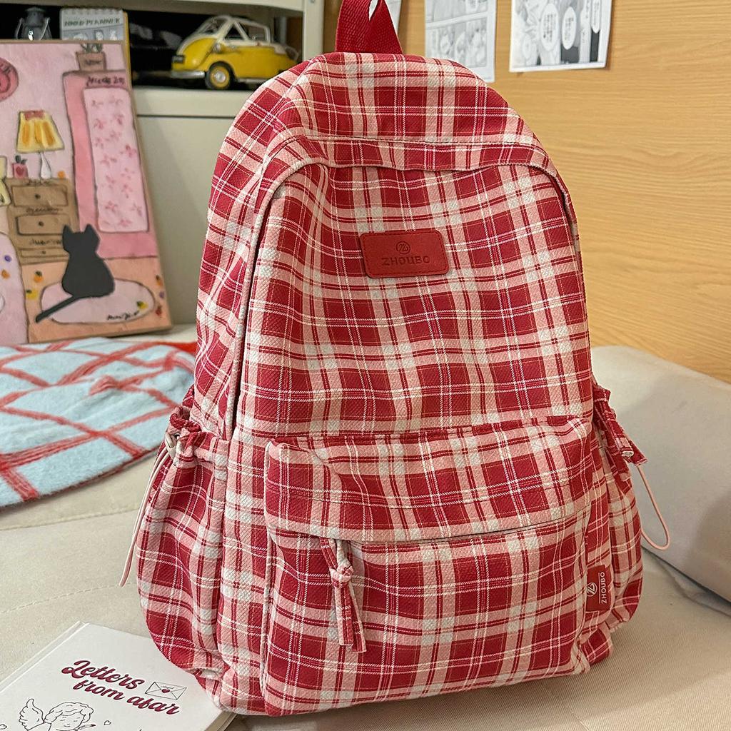 Schoolbag Vintage Versatile Plaid School Bag Junior High School Large Capacity College Student Class Commuter Backpack Travel Lightweight