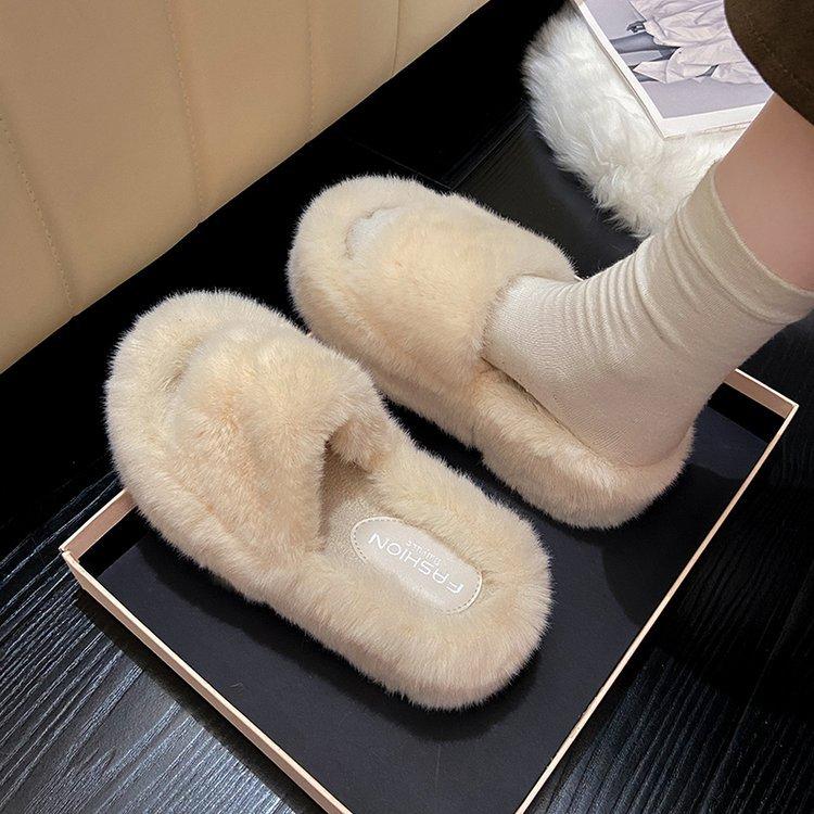 White comfortable Internet celebrity heightening non-slip thick bottom fluffy slippers women's autumn wear 2024 new indoor home cotton mop