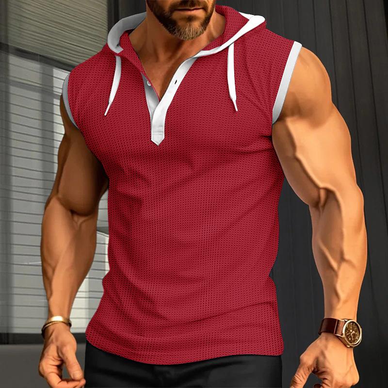 Henley Canotte da Uomo Tinta Unita Senza Maniche da Allenamento con Cappuccio Camicia Estiva con Scollo a V Abbottonata T-shirt da Ginnastica con Cappuccio Attive per Uomo T-shirt Senza Maniche in Maglia Waffle