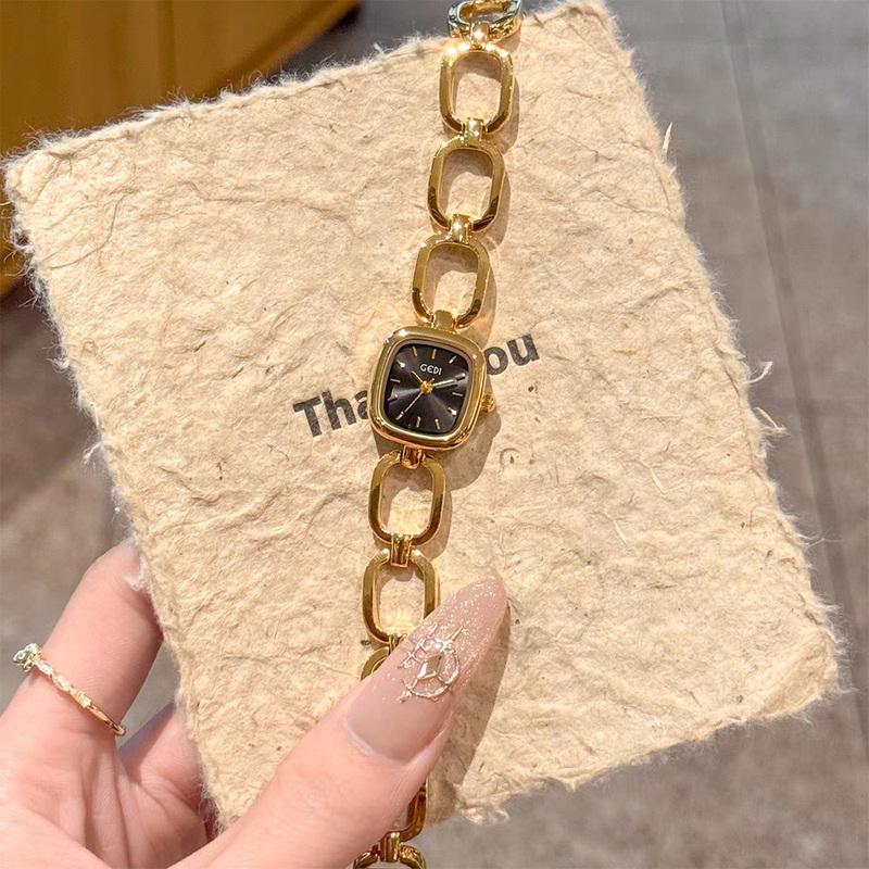 GEDI Light Luxury Fashionable Watches For Woman Gold Square Dial Hollowed Out Bracelet Women's Quartz Wristwatches Clock Gifts