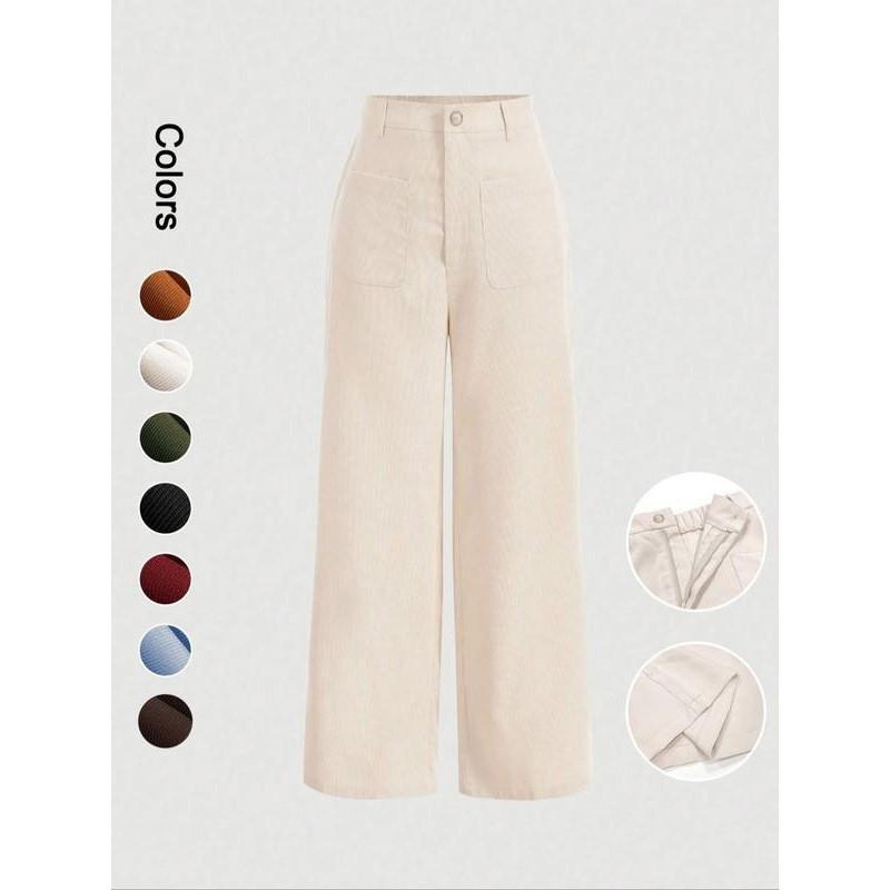 Women Corduroy High Waist Wide Leg Pants Solid Color Front Pocket Casual Loose Fit Trousers