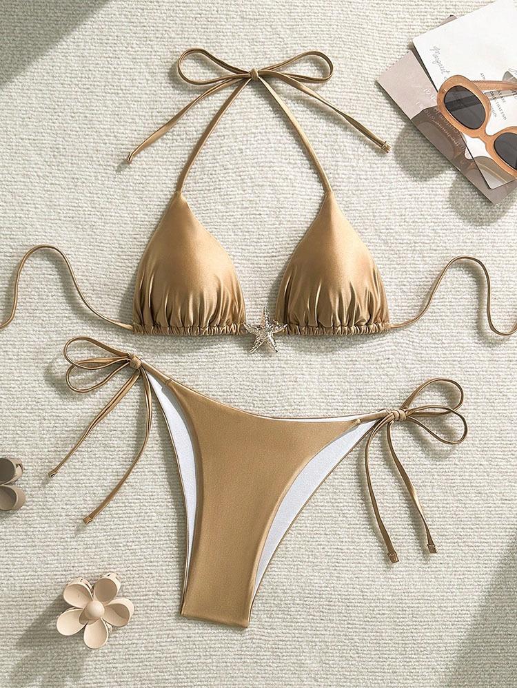 TS JYL-SW134 Solid Lace-Up Bikini Set, Two-Piece Comfortable Swimwear For Beach S