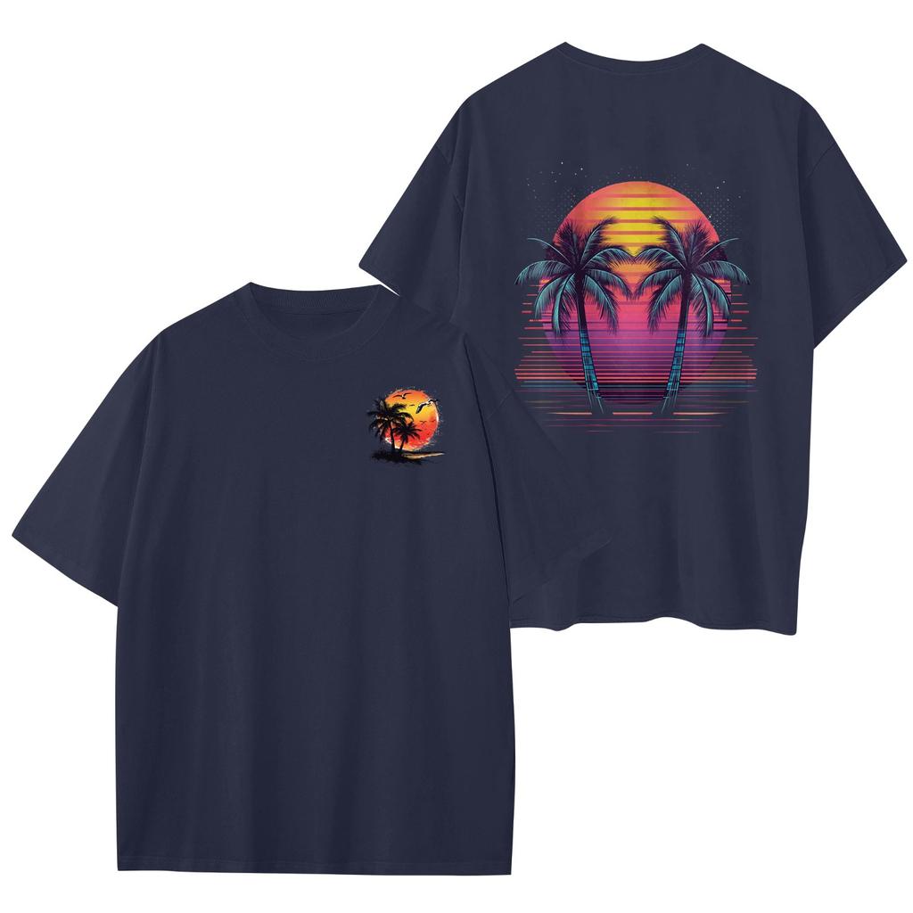 Women's Round Neck Fashionable Loose Hawaiian Print Short Sleeves