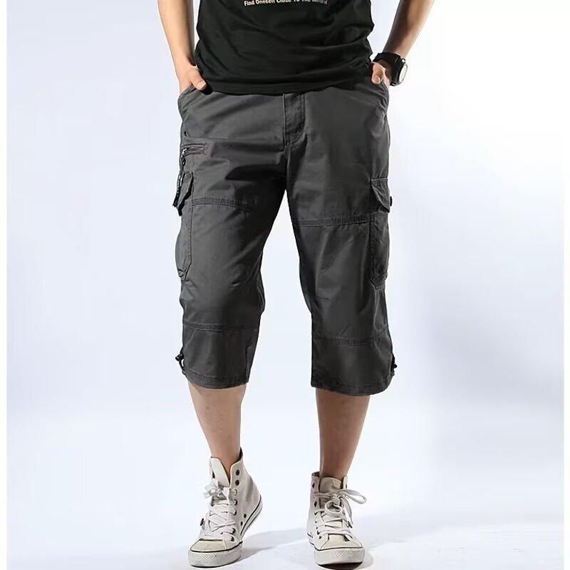 Men's Cargo Bermuda Shorts Multi Pocket Zipper Fly Solid Color Elastic Waist Casual Summer Shorts