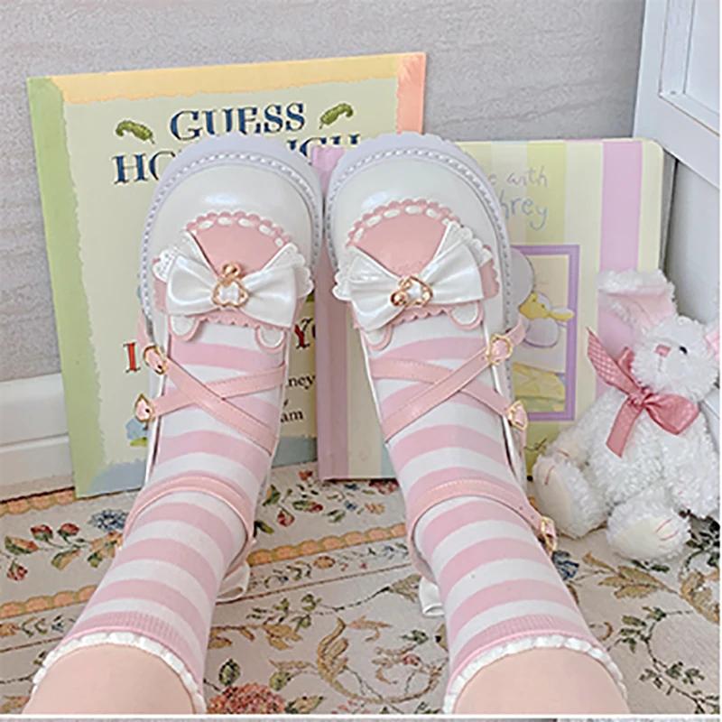 Lovely Girls Lolita Sweet Bowknots Platform Shoes,Students Cute Small Bell Heart Shaped Straps Flat Elevator Shoes Mary Janes