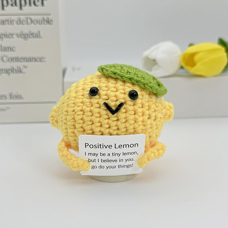 Funny Positive Crochet Cow Doll Desktop Ornament Handmade Cheer Emotional Support Positive Cow with Card Home Party Decoration