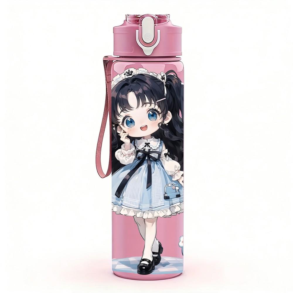 1PC Dark Blue Dress Girl Standing Pattern 750ml Color Plastic Sports Water Bottle Leakproof Flip Straw Lid Suitable for Sports Office Home Use