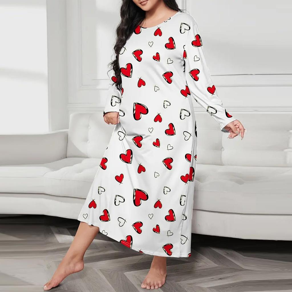 Women's Fashionable Plus Size Pajamas Round Neck Long Sleeved Print Length Nightgown Dress Clothes Sale