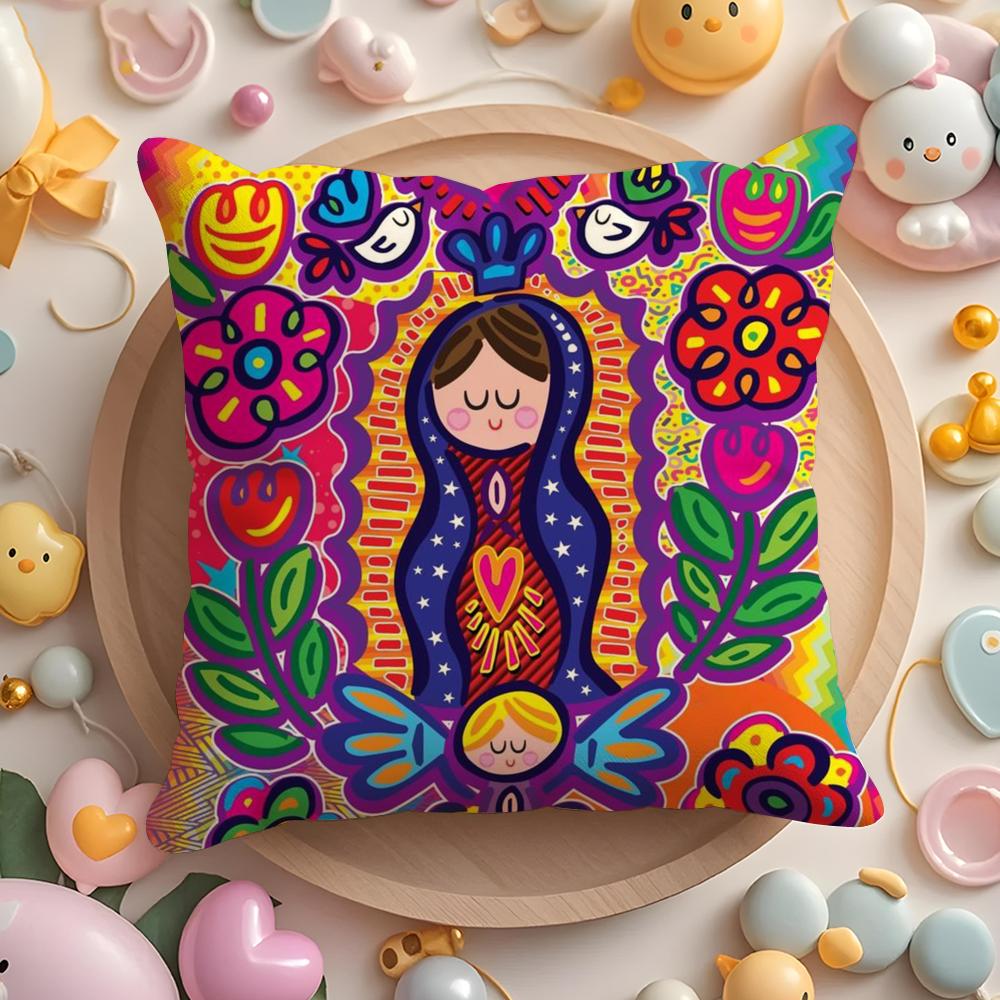 Cartoon Virgin Mary Art Cushion Cover Home & Car Multi-Scene Pillow Cover - Reversible, Soft & Durable for Daily Use