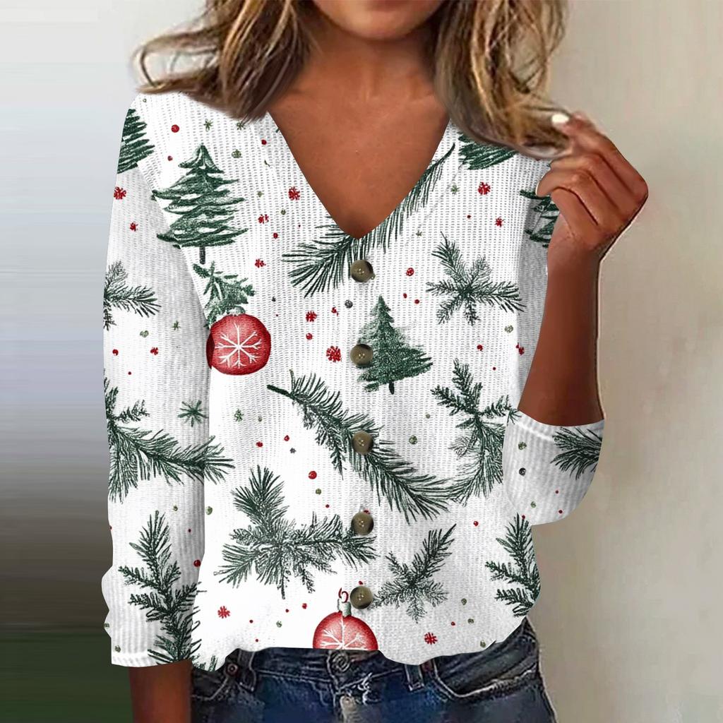 Women's Fashion Print Long Sleeve Knitted Cardigan Button Up Jacket