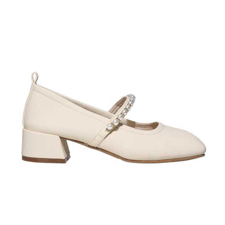 Halbgebogener weicher Einzelschuh für den Sommer, flacher Mund, ein Wort mit Perlen, dicker Absatz, Mary Jane-Schuhe für Damen