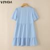 VONDA Women Summer V Neck Short Sleeve Solid Color Twisted Casual Pleated Dress