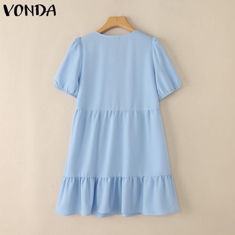 VONDA Women Summer V Neck Short Sleeve Solid Color Twisted Casual Pleated Dress