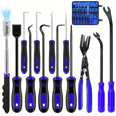 Ensemble d'outils de mécanicien durables avec crochet et pic, pince pour retirer les clips automobiles, extracteur de rivets, ramasseur magnétique télescopique, grattoir à joints pour la réparation automobile