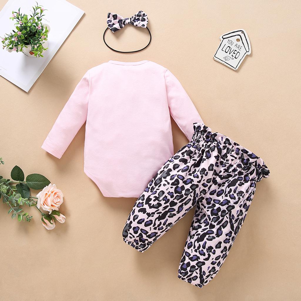 Newborn Infant  Valentine Print Romper Bodysuit+Leopard Print Pants Set