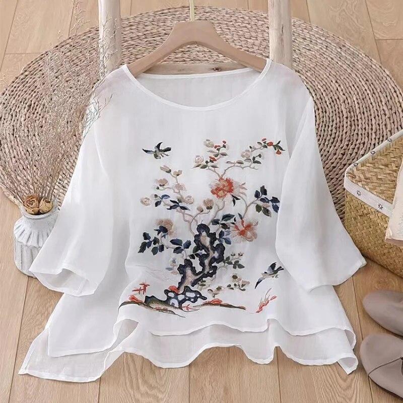 

Летняя вышитая хлопковая блузка для женщин 2023 года, повседневные топы с коротким рукавом, милая футболка с круглым вырезом, винтажная свободная рубашка для женщин 26840 XXL белый