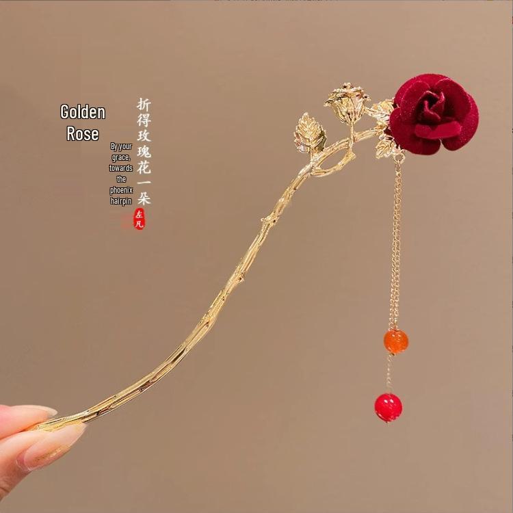 Elegant Red Rose Retro Hanfu Hairpin