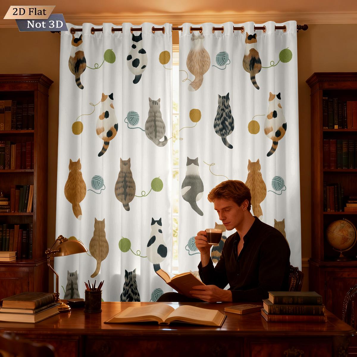 

Cartoon Cute Cat Printed Perforated Curtains Multi Size Living Room Insulation Decoration Easy Installation Darkening Set Of 2 Made Polyester Decor W100*H70(CM)-Grommet top&2PCS