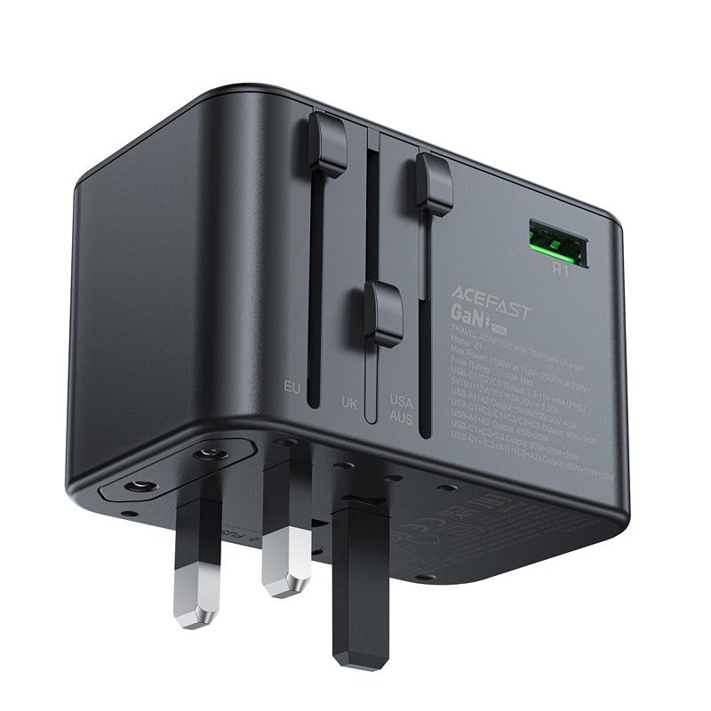 Acefast Z1 GaN 75W Fast Charging Travel Adapter - 3x USB-C & 2x USB-A - Black
