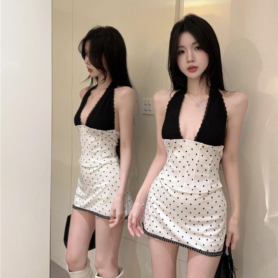 Korean Beautiful and Unique Neck Lace Suspender Top Polka Dot Skirt Two-piece Set Ootd Wear New Models