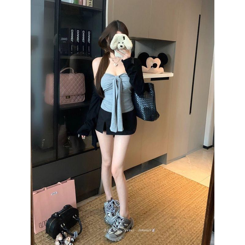 Kumikumi Pure Desire Style Sexy Gray Strapless Vest Women's Black Outwear Autumn High Waist Skirt Three-Piece Set