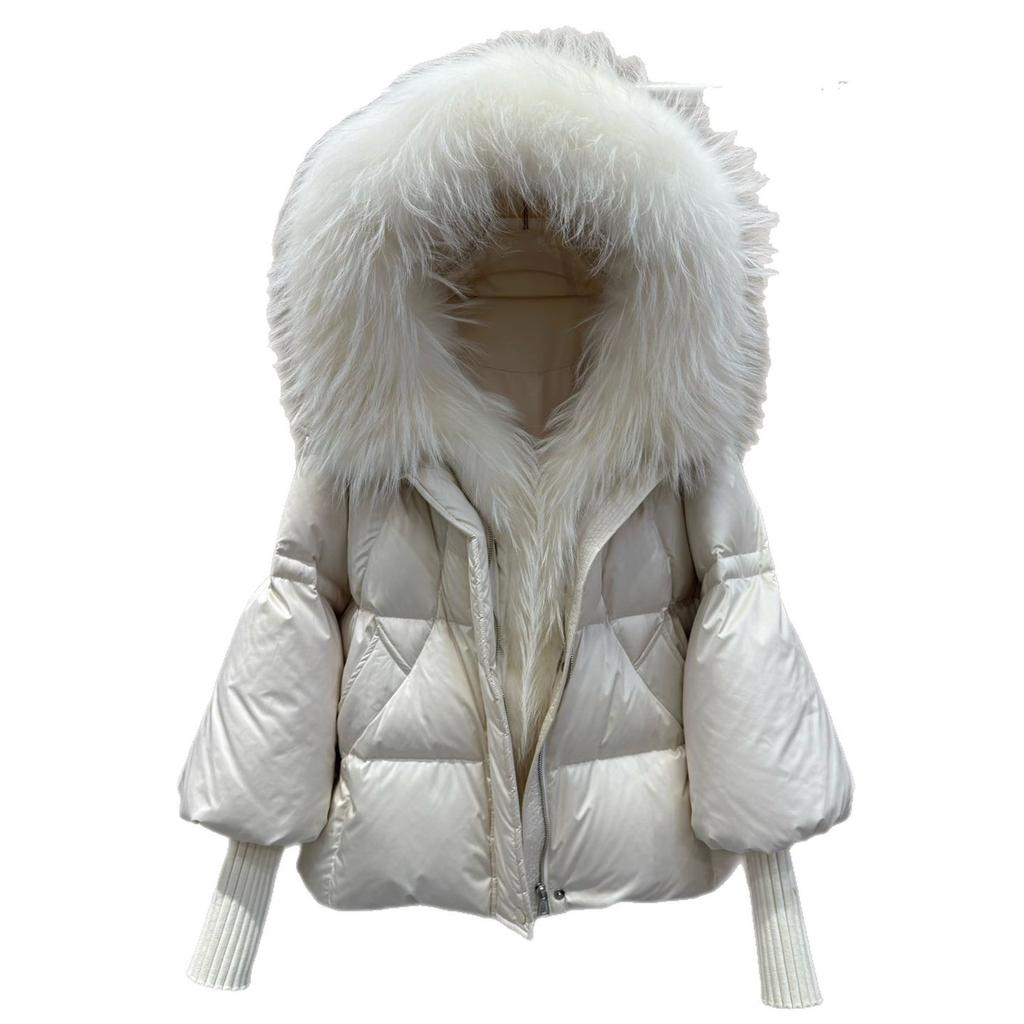 Winter new raccoon big fur collar hooded white goose down jacket women's short loose thickened warm jacket