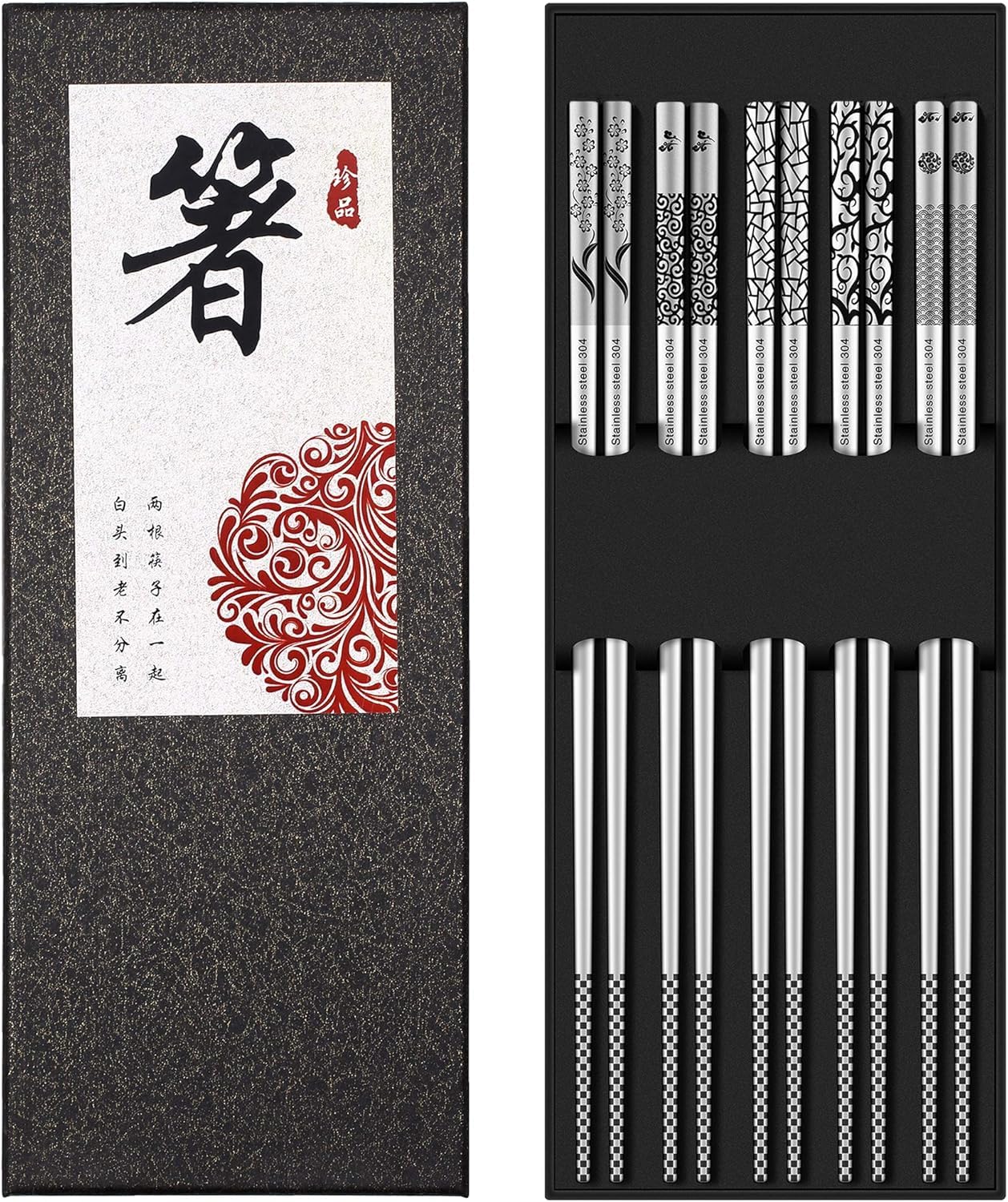 

Korekaou Stainless Steel Set of 5 Dishwasher Heat Laser High Japanese Korean Suitable for Commercial and Gifts Mixed Chopsticks, Pairs, 23.5cm, Safe,