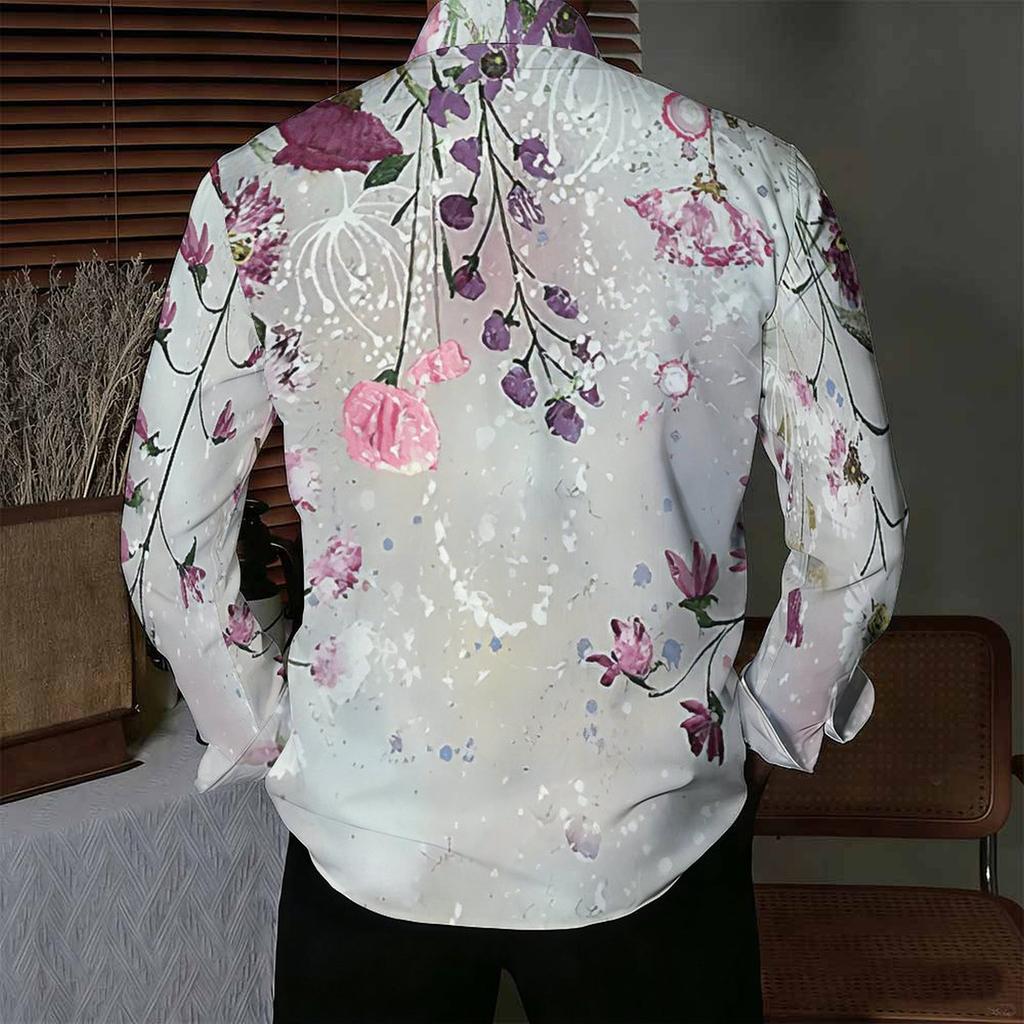 Camisa de Hombre con Cuello Estampado Floral de Rama Gradiente Blanco Rosa Manga Larga Botones