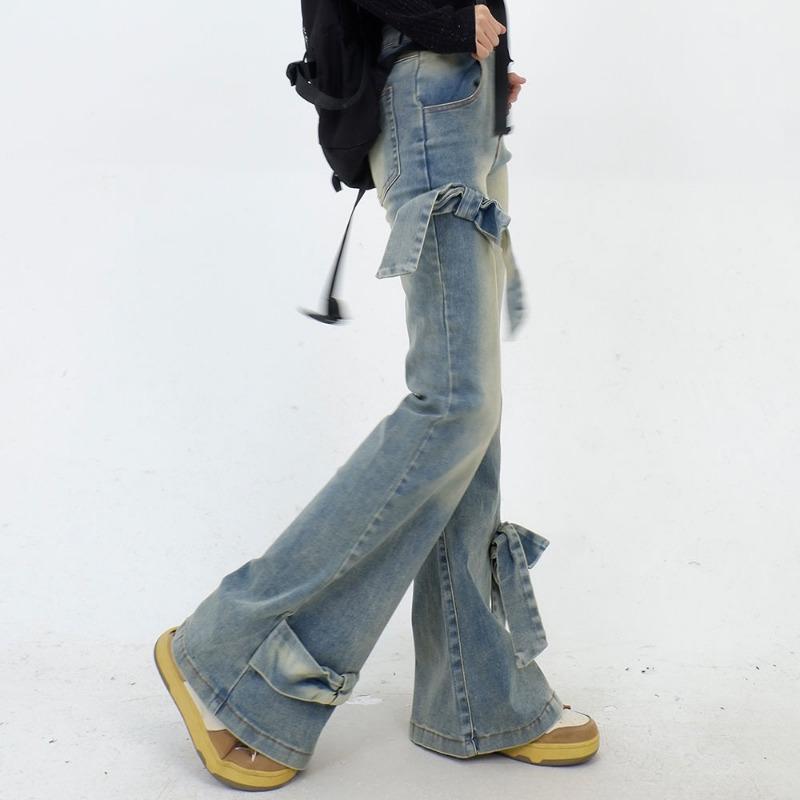 Jeans a zampa blu con fiocco da donna Harajuku Estetica anni '90 Streetwear Pantaloni di jeans larghi Pantaloni jeans Y2k Vestiti trashy vintage anni 2000