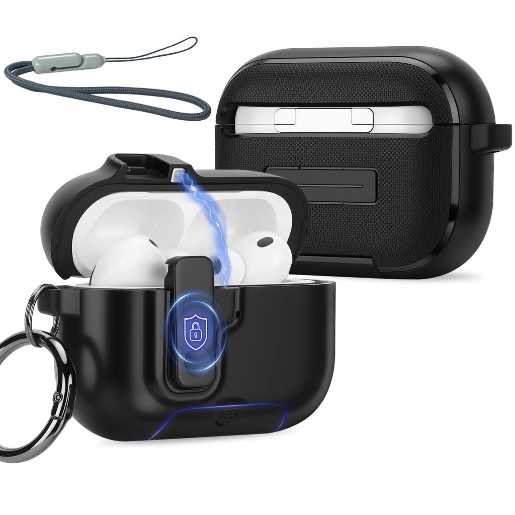 For Airpods Pro 3 Magnetic Lock Case with Kickstand & Lanyard Shockproof Protector Case for Apple AirPods Pro 3rd Cover