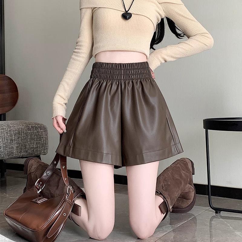 Women's PU Leather High-Waist A-Line Shorts - Slimming, Versatile, Wide-Leg, Korean Style for 2024 Autumn/Winter.