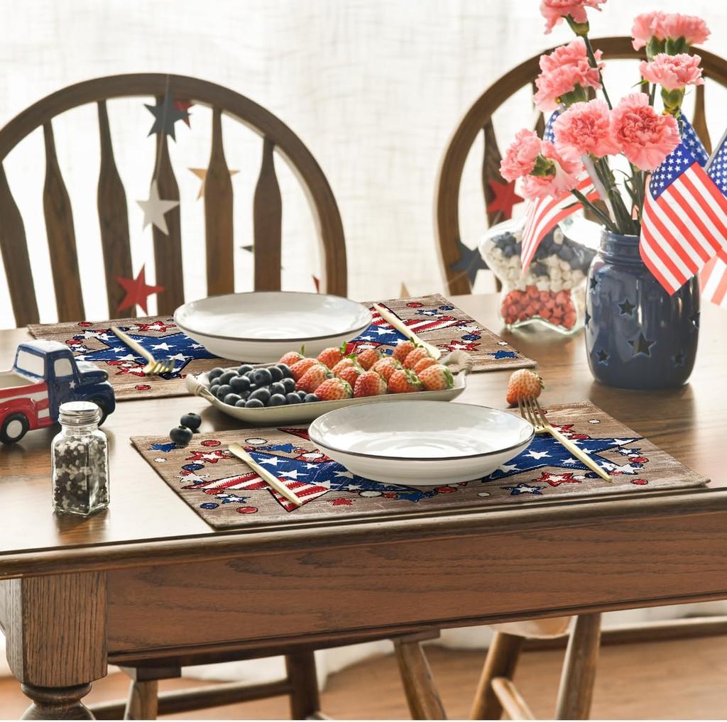 Wood America Beads Stars Patriotic 4th of July Placemats Set of 4, 12x18 Inch Memorial Day Table Mats for Party Kitchen Dining Decoration
