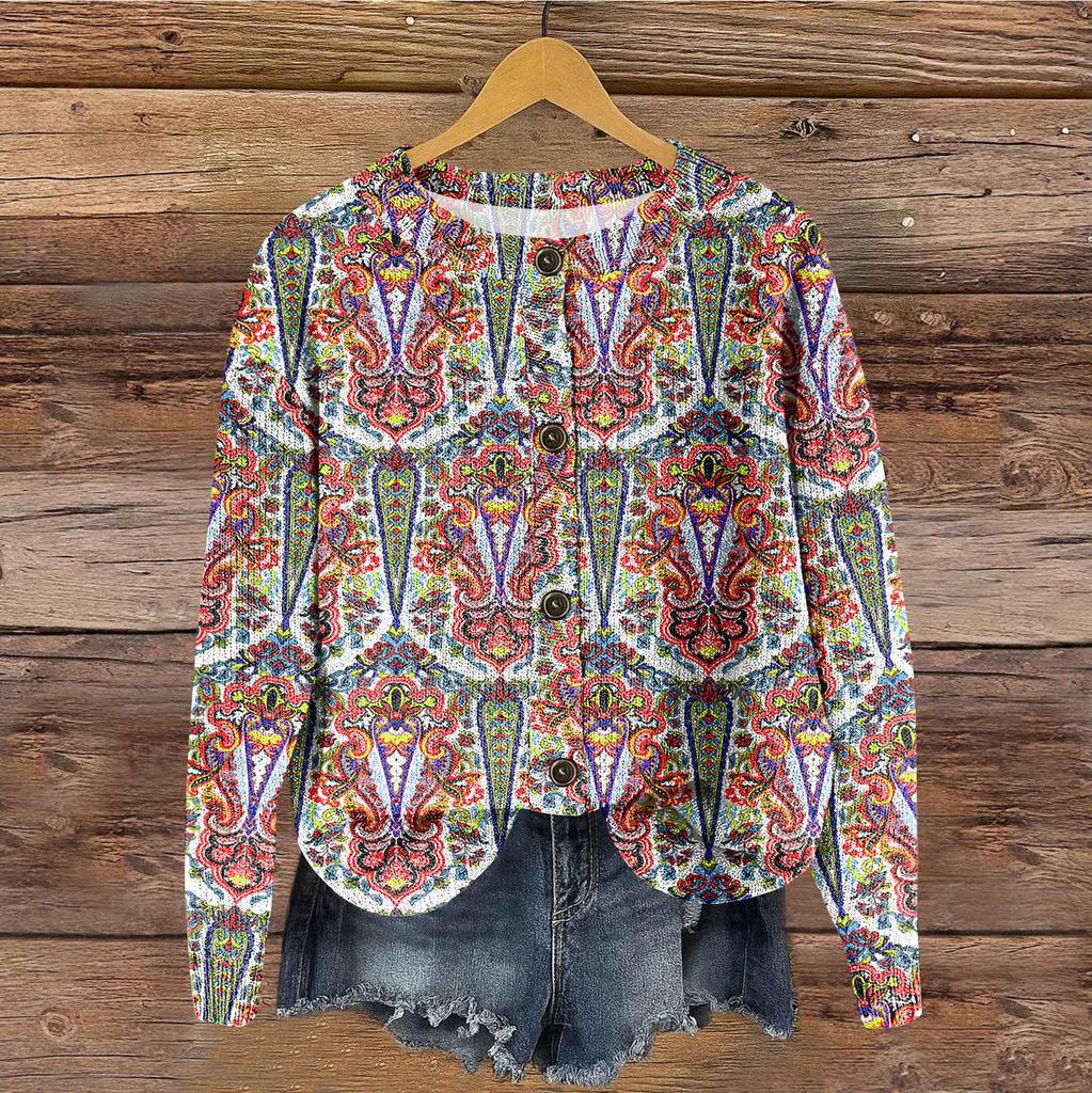 Women's Vintage Knit Button Vintage Print Cardigan Jacket