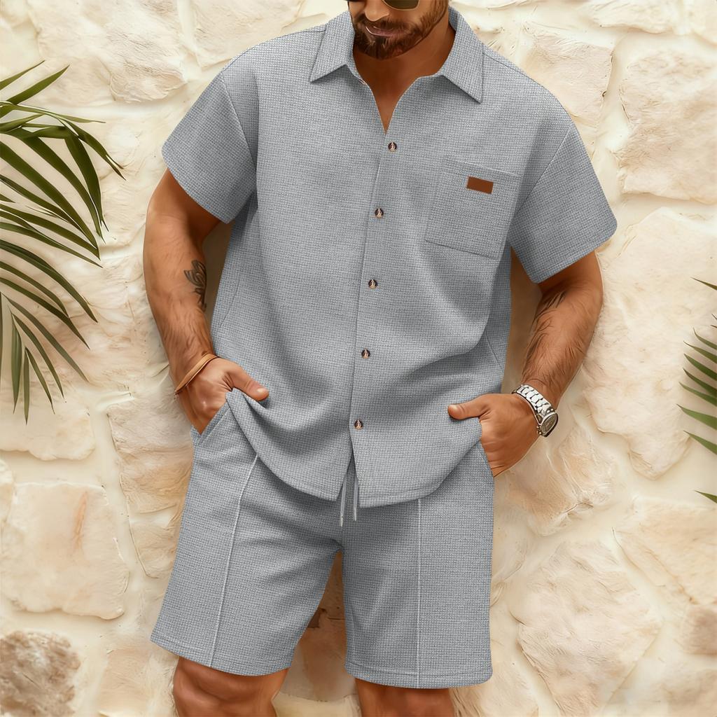 Men's Stylish Casual Collarless Short-sleeved Shirt - Men's Short-sleeved Top And Shorts Two-piece Set