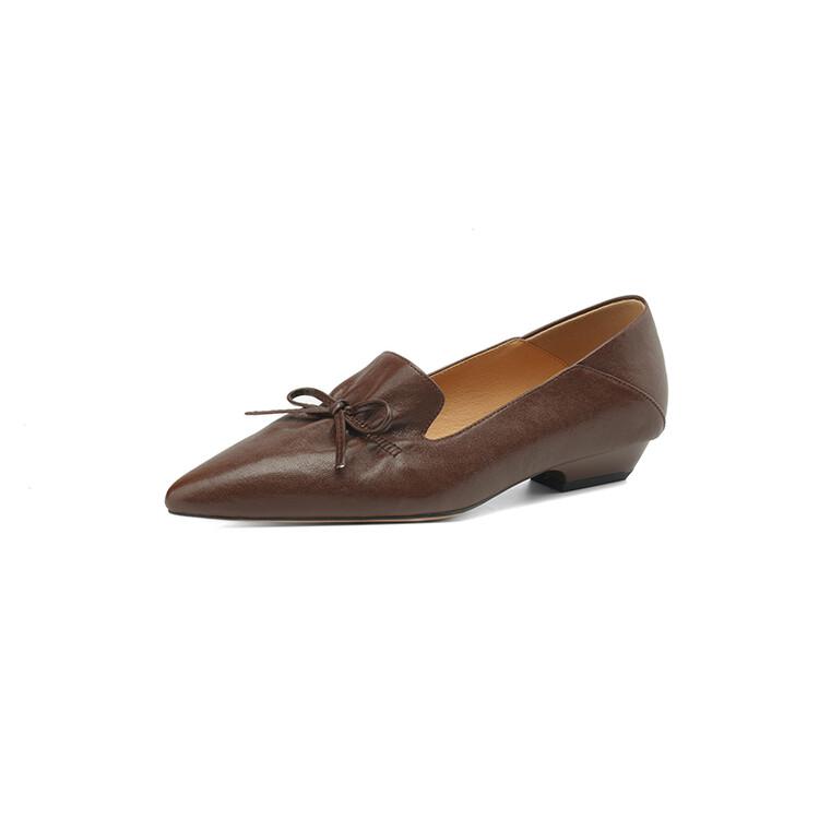 Fashion New Spring Genuine Leather Women Shoes French Retro Pointed Toe Women Pumps Bow Loafers Shoes for Women Low Heel Ladies Shoes
