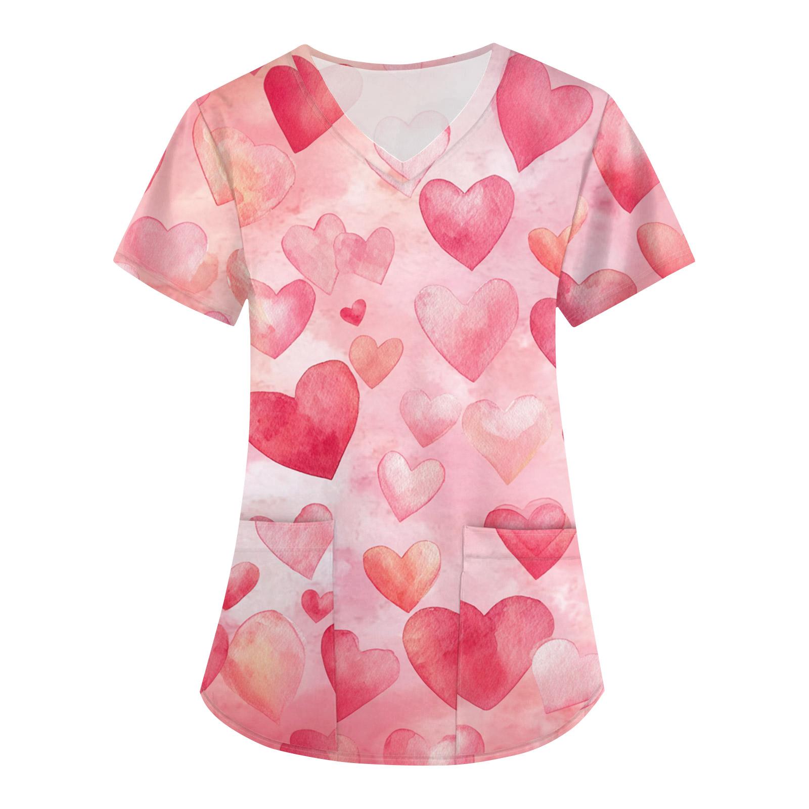 

Women s Valentine s Day Print Loose V-neck Pocket Short-sleeved Caregiver Uniform/ Uniform XL арбуз красный
