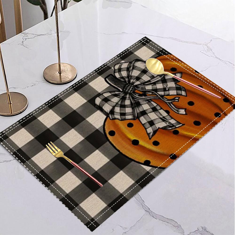 Halloween Linen Placemat Table Coffee Mat Orange Black Jack-o'-lantern Bat Plaid Pumpkin Gnome Happy Halloween Decorative