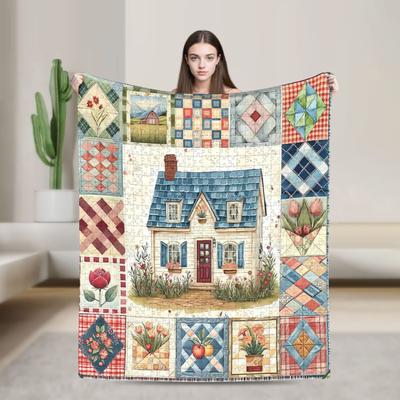 Stuga Quiltat Hus Plyschfilt Barn Vuxen Flanell Pläd för Soffa Fåtölj Soffa Säng Supervarm Design Sängöverkast