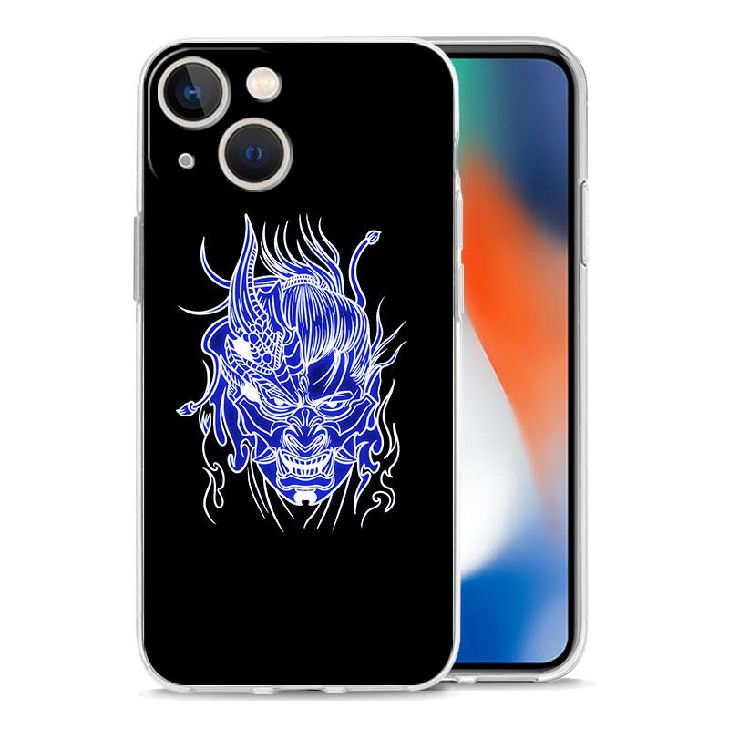 Luksusowe przezroczyste etui na telefon iPhone 15 14 13 12 11 Pro Max XS X XR 7 8 Plus Przezroczysta, odporna na wstrząsy obudowa Samurai Oni Mask neon