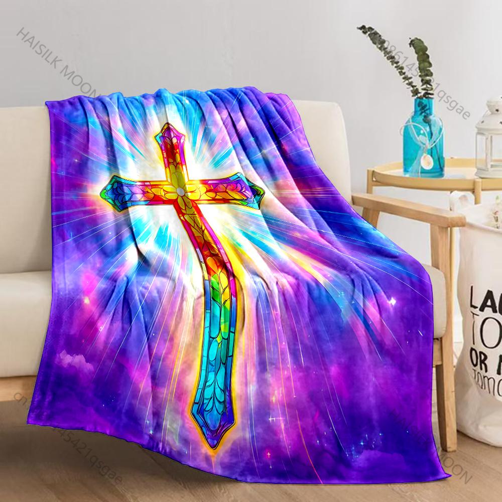 1PC Stained Glass Cross Glow Print Believer Pray blanket Warm soft flannel material suitable for all seasons luxurious gift
