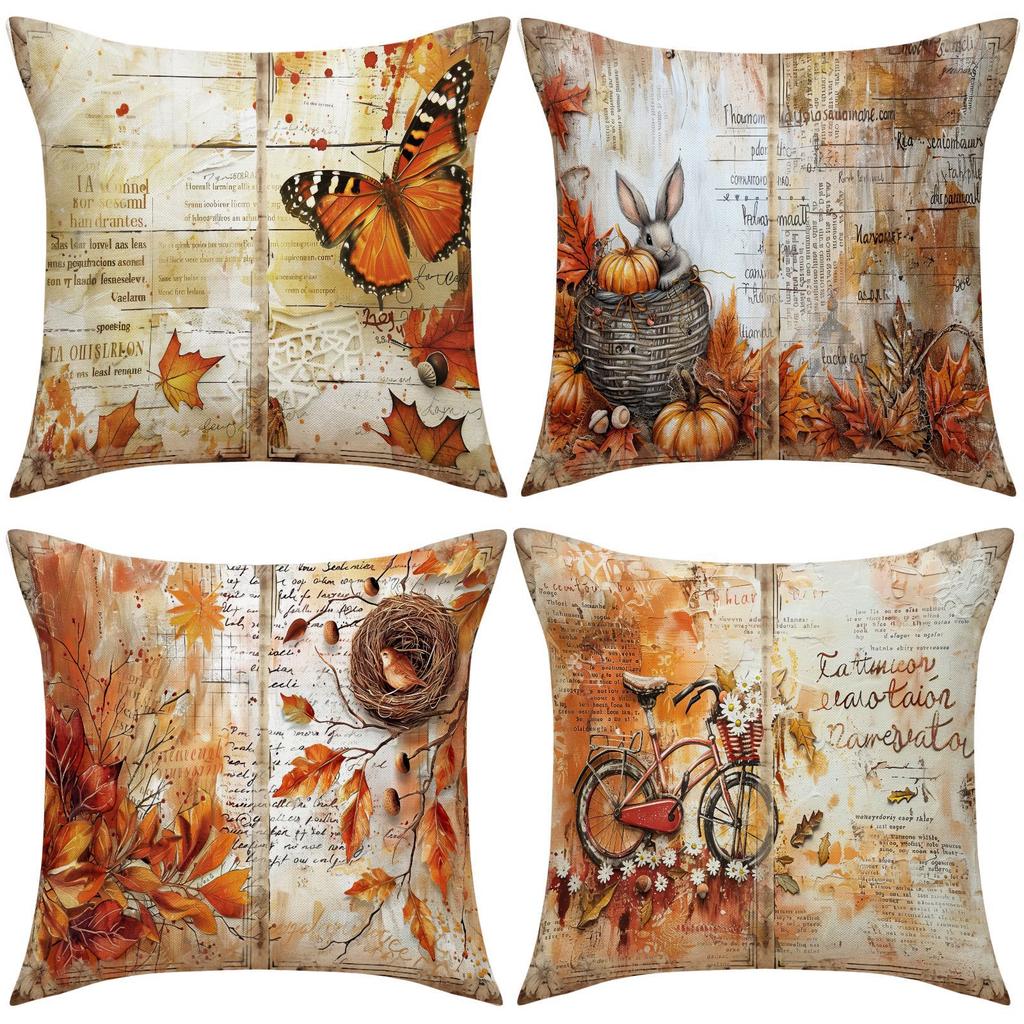 Thanksgiving Pillow Covers,Pumpkin & Autumn Leaf Design, Soft Flannel Sofa Cushion Covers for Home Decor,45x45cm, No Pillow Insert
