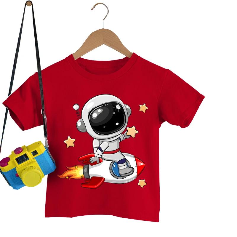 Astronaut On The Rocket Print T Shirts Kids Short Sleeve Tshirt Cartoon Astronaut Boys Girls T-shirt Summer Tee Shirt Tops