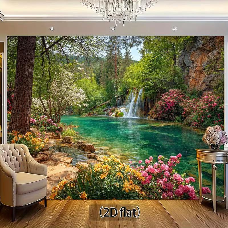 2D Turquoise Lake with Forest and Flowers Background Cloth 47.2x31.5inch/120*80cm