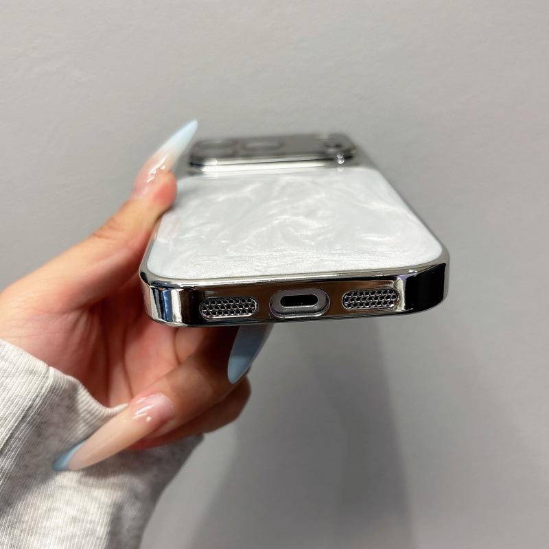 Elegant White Resin Apple Phone Case: Full Coverage for iPhone 13, 14, 15, 16 Pro Max, Large Window, Electroplated Finish for Women