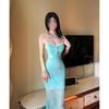 French Light Green Printed Mesh Suspender Dress Women's Summer Seaside Vacation Pure Desire Temperament Fish Tail Hip Wrap Dress