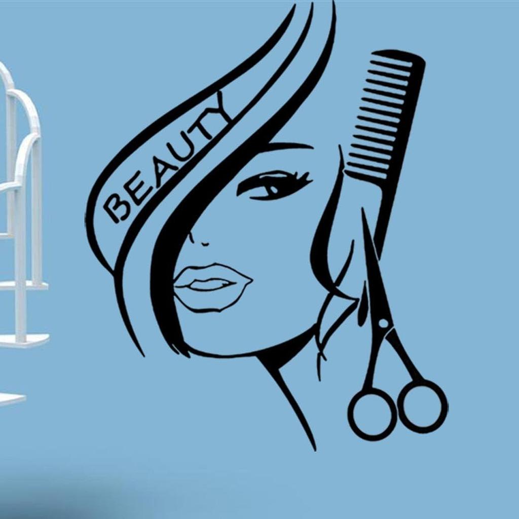 BIBITIME Modern Fashion Beauty Girl Cut Hair with Scissors Comb Barber Shop Wall Decal Window Sticker Hairdressing Salon Creative Personality Vinyl