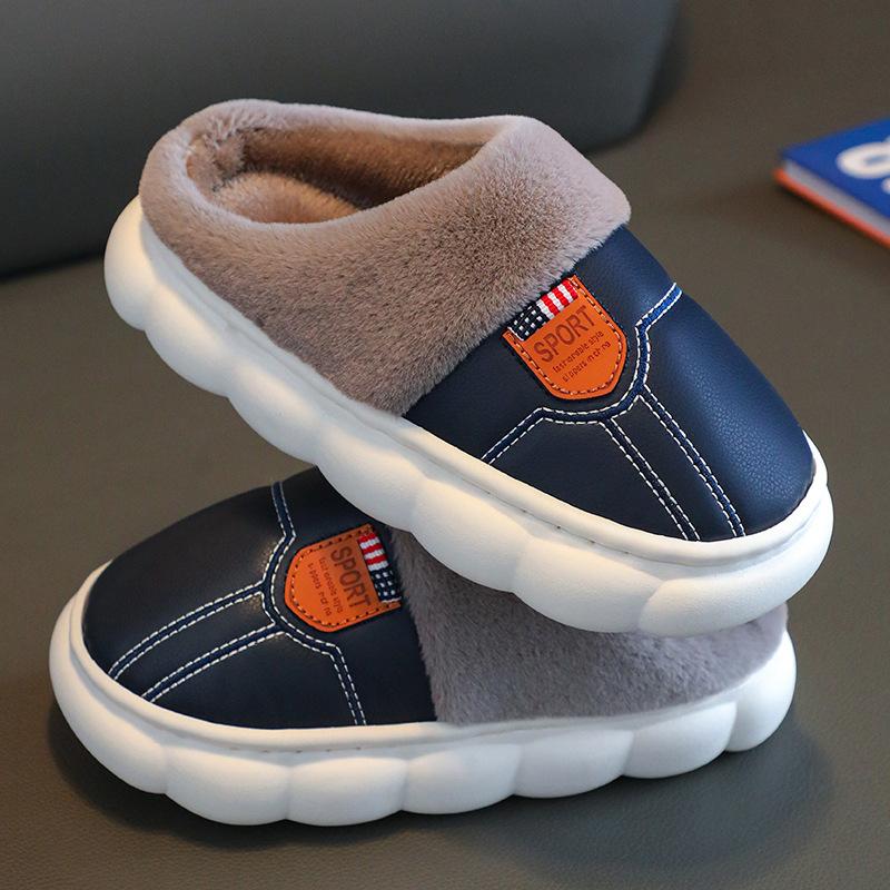 Children's cotton slippers PU leather waterproof soft bottom non-slip piled thickened parent-child adult couple home winter warm