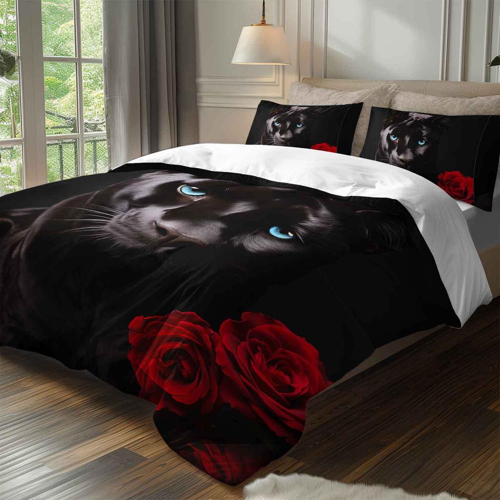 3Pcs Luxury Black Panther Rose Bedding Duvet Cover Set Black Panther Bedding Quilt Set Gothic Themed Bed Quilt Set Elegant