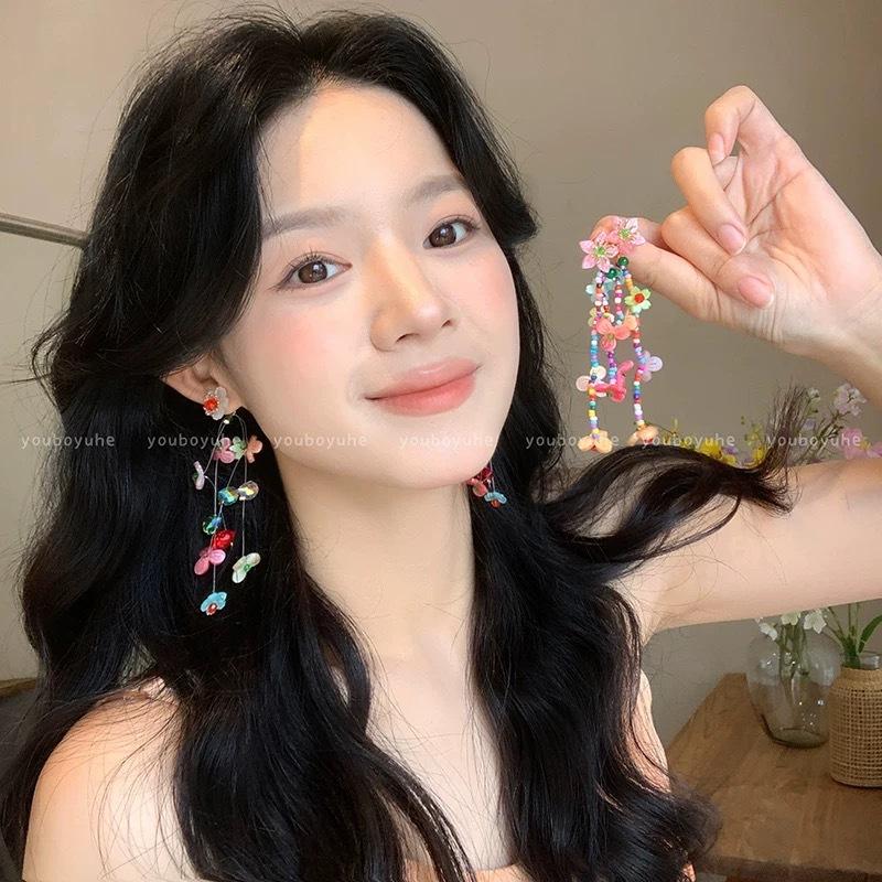 Fabric Flower Fringed Earrings Super Fairy Temperament Versatile Stud Earrings Niche Fashion High Sense Earrings Women