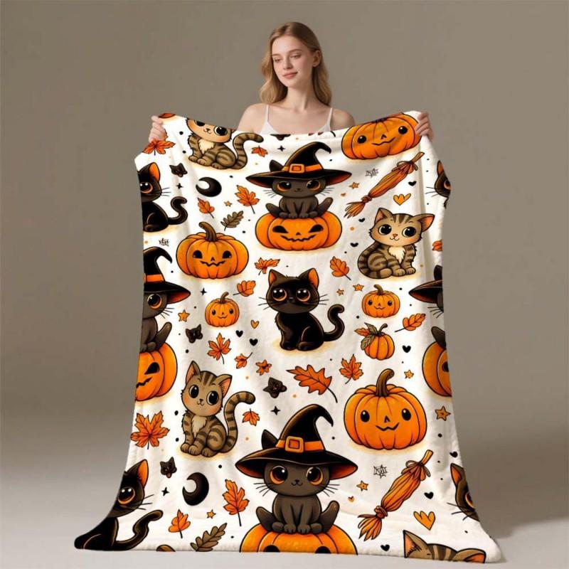 Halloween Patchwork Print Flannel Blanket Lightweight All-Season Travel Camping Office Living Room